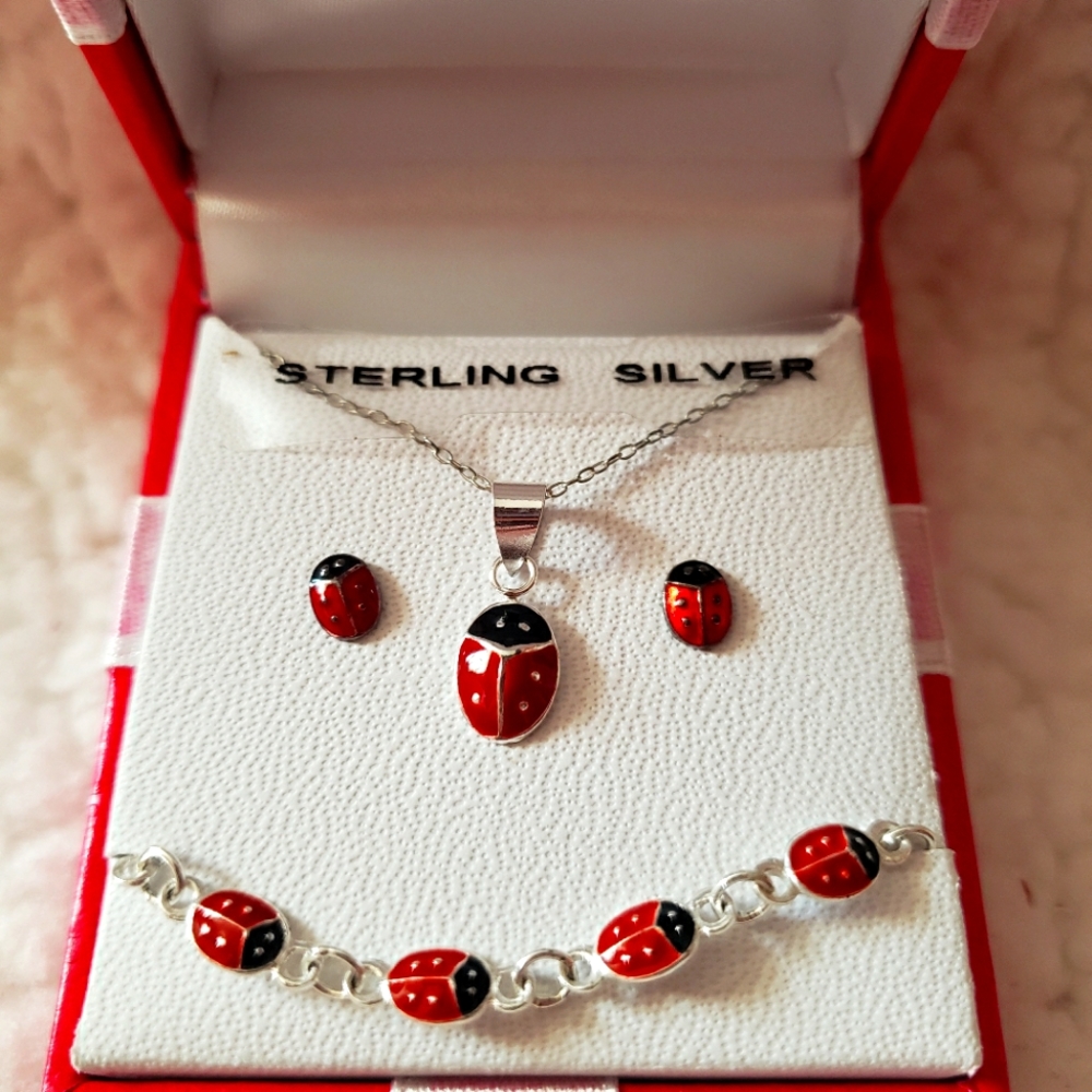 Child's sterling silver ladybug jewelry set
